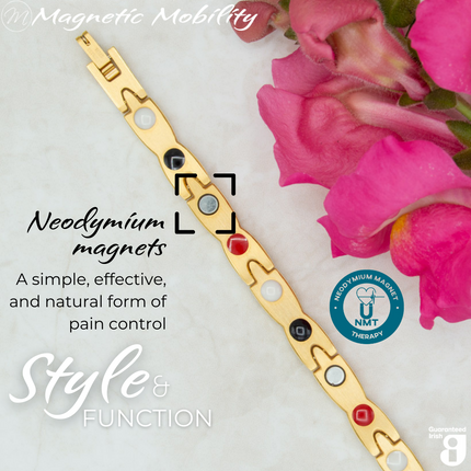 Snapdragon Sun 4in1 magnetic bracelet from Magnetic Mobility, highlighting neodymium magnets which offer a simple, effective, and natural form of pain control. Perfect for alleviating arthritis, back pain, fibromyalgia, and more.