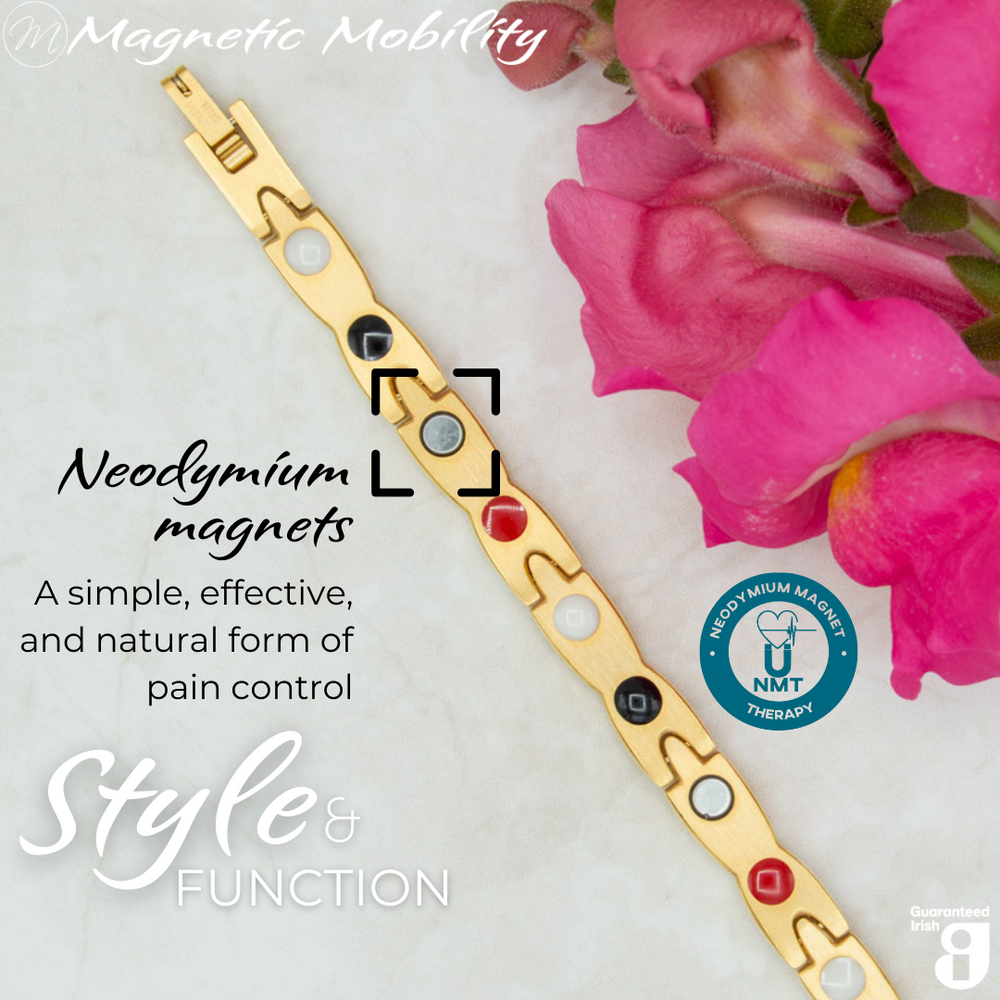 
                  
                    Load image into Gallery viewer, Snapdragon Sun 4in1 magnetic bracelet from Magnetic Mobility, highlighting neodymium magnets which offer a simple, effective, and natural form of pain control. Perfect for alleviating arthritis, back pain, fibromyalgia, and more.
                  
                