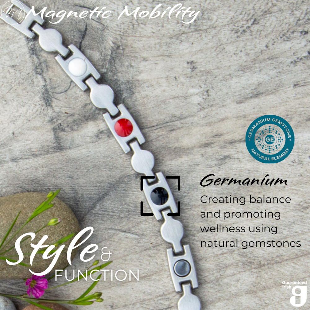 
                  
                    Load image into Gallery viewer, Detailed view of Avens Star 4in1 magnetic bracelet by Magnetic Mobility, showcasing germanium elements. Promotes balance and wellness using natural gemstones. Effective for arthritis, back pain, fibromyalgia, joint and muscle pain, menopause symptoms, migraine, recovery after surgery, runner&amp;#39;s knee, sprains and strains.
                  
                