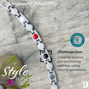 
                  
                    Load image into Gallery viewer, Detailed view of Avens Star 4in1 magnetic bracelet by Magnetic Mobility, showcasing germanium elements. Promotes balance and wellness using natural gemstones. Effective for arthritis, back pain, fibromyalgia, joint and muscle pain, menopause symptoms, migraine, recovery after surgery, runner&amp;#39;s knee, sprains and strains.
                  
                