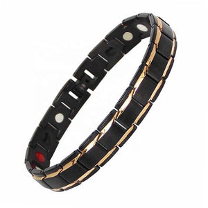 
                  
                    Load image into Gallery viewer, Alexanders Twilight 4in1 magnetic bracelet with black and gold accents by Magnetic Mobility, providing relief for arthritis, back pain, and more
                  
                