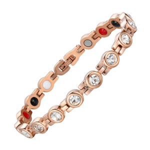 
                  
                    Load image into Gallery viewer, Angelica&amp;#39;s Dawn 4in1 Magnetic Bracelet from Magnetic Mobility featuring Swarovski crystals on the front and 4in1 elements on the back, including neodymium magnets, FIR elements, germanium, and negative ions. Elegant rose gold design for style and pain relief.
                  
                