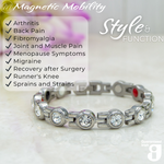 Close-up of Angelica's Star 4in1 Magnetic Bracelet from Magnetic Mobility, emphasizing Swarovski crystals and silver links. Text on image: 'Designed for people with Arthritis, Back Pain, Fibromyalgia, Joint and Muscle Pain, Menopause Symptoms, Migraine, Recovery after Surgery, Runner's Knee, Sprains and Strains.' Promotes style and function with Guaranteed Irish quality.