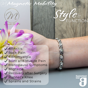 
                  
                    Load image into Gallery viewer, Angelica&amp;#39;s Star 4in1 Magnetic Bracelet from Magnetic Mobility worn on a wrist, highlighting Swarovski crystals and sivler design. Includes 4in1 elements: neodymium magnets, FIR elements, germanium, and negative ions for stylish pain relief.
                  
                