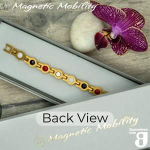 
                  
                    Load image into Gallery viewer, Back view of the Angelica&amp;#39;s Sun 4in1 Magnetic Bracelet from Magnetic Mobility showing the 4 health elements hidden on the back of the bracelet. The bracelet is shown inside of a gift box. 
                  
                