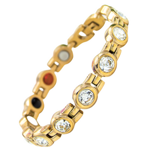 
                  
                    Load image into Gallery viewer, Angelica&amp;#39;s Sun 4in1 Magnetic Bracelet from Magnetic Mobility featuring Swarovski crystals on the front and 4in1 elements on the back, including neodymium magnets, FIR elements, germanium, and negative ions. Elegant gold design for style and pain relief.
                  
                