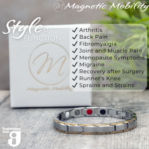 
                  
                    Load image into Gallery viewer, Close-up of Apia Moon 4in1 Magnetic Bracelet from Magnetic Mobility, emphasizing silver gold links. Text on image: &amp;#39;Designed for people with Arthritis, Back Pain, Fibromyalgia, Joint and Muscle Pain, Menopause Symptoms, Migraine, Recovery after Surgery, Runner&amp;#39;s Knee, Sprains and Strains.&amp;#39; Promotes style and function with Guaranteed Irish quality.
                  
                