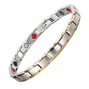 
                  
                    Load image into Gallery viewer, Apia Moon 4in1 magnetic bracelet by Magnetic Mobility, promoting arthritis, back pain, fibromyalgia relief with a stylish silver and gold design. The bracelet features 4in1 health elements.
                  
                