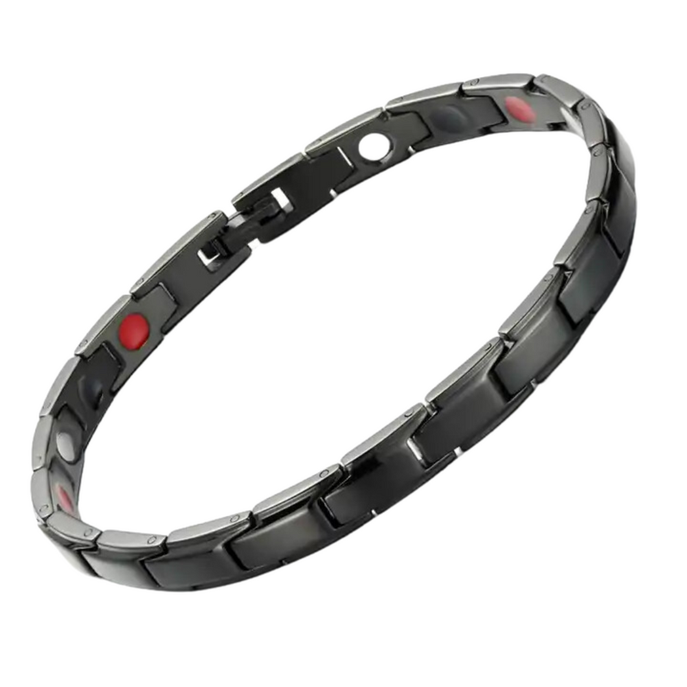 Apia Night 4in1 magnetic bracelet by Magnetic Mobility, promoting arthritis, back pain, fibromyalgia relief with a simple black design. The bracelet features 4in1 health elements