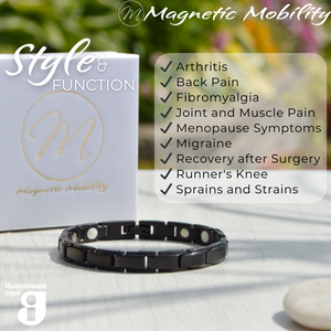 
                  
                    Load image into Gallery viewer, Close-up of Apia Night 4in1 Magnetic Bracelet from Magnetic Mobility, emphasizing simple black links. Text on image: &amp;#39;Designed for people with Arthritis, Back Pain, Fibromyalgia, Joint and Muscle Pain, Menopause Symptoms, Migraine, Recovery after Surgery, Runner&amp;#39;s Knee, Sprains and Strains.&amp;#39; Promotes style and function with Guaranteed Irish quality.
                  
                