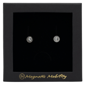 
                  
                    Load image into Gallery viewer, Magnetic Mobility April Birthstone Stud Earrings featuring clear Swarovski crystals, elegantly presented in a black box with Magnetic Mobility branding. These magnetic back earrings offer stylish pain relief.
                  
                