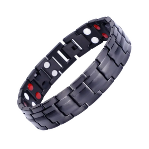 
                  
                    Load image into Gallery viewer, Ashe Night Double strength 4in1 magnetic bracelet by Magnetic Mobility, promoting arthritis, back pain, fibromyalgia relief with a stylish black design. The bracelet features a double row of health elements. 
                  
                