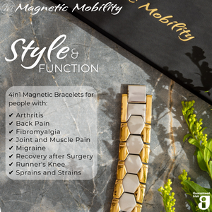 
                  
                    Load image into Gallery viewer, Top view of the Aster Moon Double strength 4in1 magnetic bracelet by Magnetic Mobility, promoting arthritis, back pain, fibromyalgia relief with a stylish silver and gold design. The bracelet features a double row of health elements.
                  
                