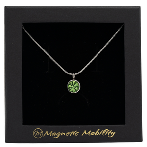 
                  
                    Load image into Gallery viewer, August Magnetic Mobility Birthstone Necklace showcasing a light green Swarovski crystal pendant. Provides relief from neck pain, elegantly presented in branded black packaging.
                  
                