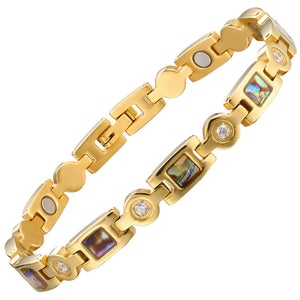 
                  
                    Load image into Gallery viewer, 4in1 magnetic bracelet Avens Sun by Magnetic Mobility, featuring a sleek rose gold design with embedded abalone and crystal accents.
                  
                