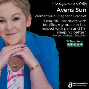 
                  
                    Load image into Gallery viewer, Avens Sun 4in1 magnetic bracelet by Magnetic Mobility, promoting arthritis, back pain, fibromyalgia relief with a stylish gold design.
                  
                