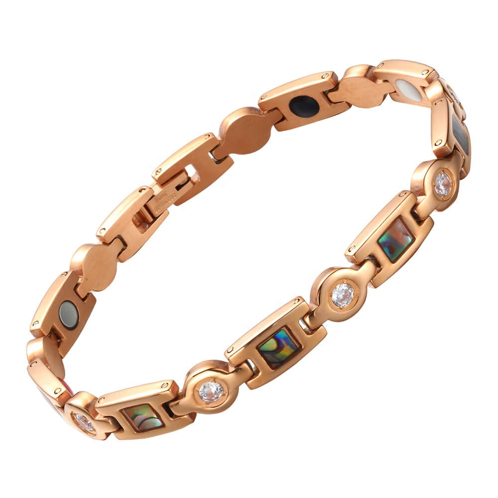 4in1 magnetic bracelet Avens Dawn by Magnetic Mobility, featuring a sleek rose gold design with embedded abalone and crystal accents.