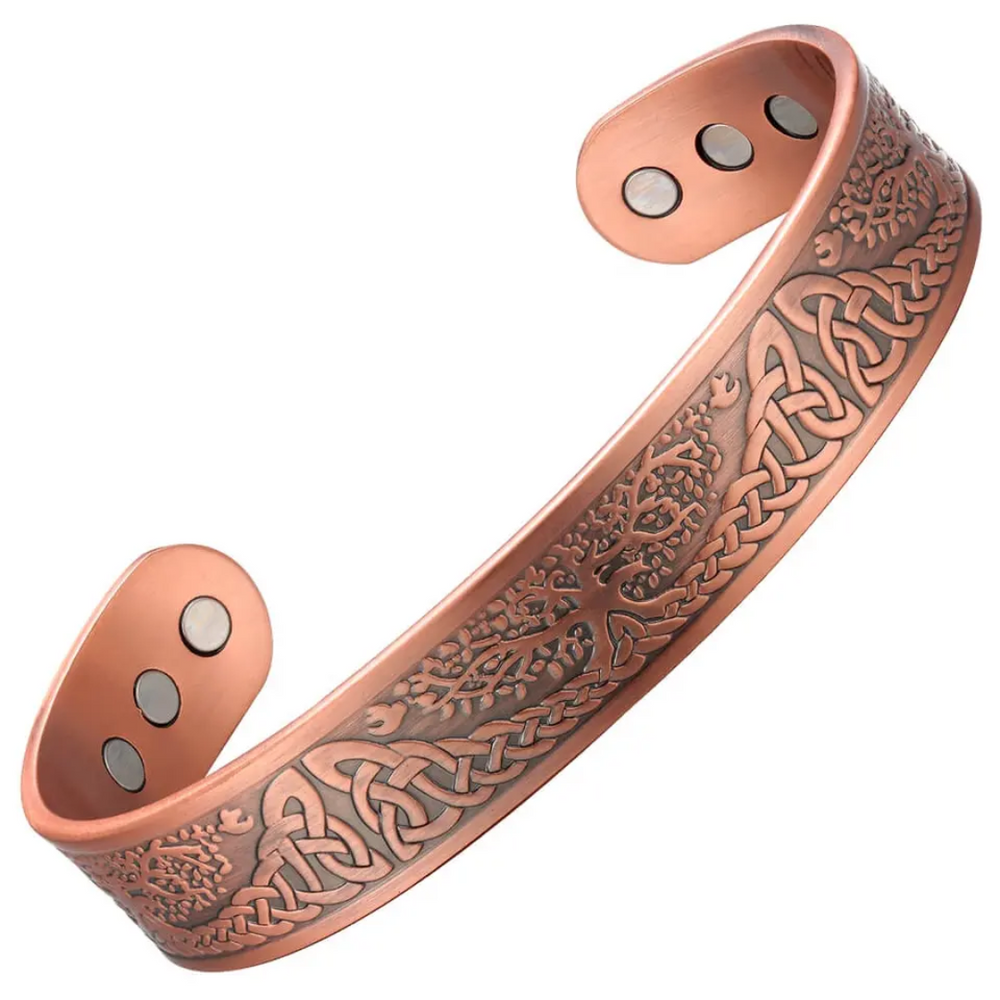 Buckthorn copper magnetic bracelet by Magnetic Mobility, featuring intricate Celtic design and embedded magnets. Ideal for alleviating arthritis, back pain, fibromyalgia, and other joint and muscle pain.