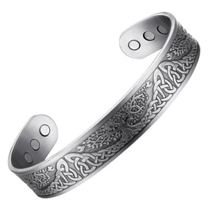 
                  
                    Load image into Gallery viewer, Buckthorn Silver plated copper magnetic bracelet by Magnetic Mobility, featuring intricate Celtic design and embedded magnets. Ideal for alleviating arthritis, back pain, fibromyalgia, and other joint and muscle pain.
                  
                