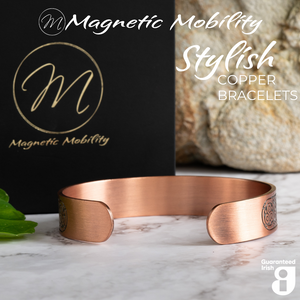 
                  
                    Load image into Gallery viewer, Back view of the Claddagh Copper bracelet from Magnetic Mobility. The view shows the open back of the bangle which gives easy adjustability for this copper bracelet. 
                  
                