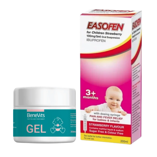 Complete Teething Relief Bundle Easofen 3+ Strawberry 200ml + BeneVits 30ml