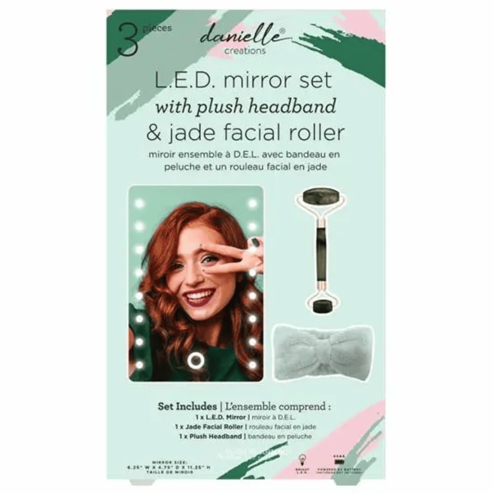 
                  
                    Load image into Gallery viewer, Danielle LED Mirror with Jade Facial Roller &amp;amp; Plush Headband Giftset
                  
                
