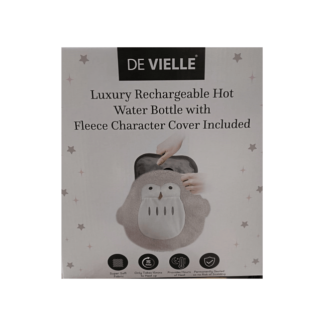 De Vielle Luxury Rechargeable Hot Water Bottle With Fleece Character