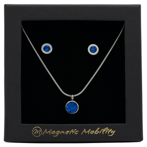 
                  
                    Load image into Gallery viewer, December Magnetic Mobility Birthstone Gift Set featuring a Magnetic Necklace and Stud Earrings featuring Blue Swarovski crystals, elegantly presented in a black box with Magnetic Mobility branding. These magnetic back earrings offer stylish pain relief.
                  
                