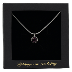 
                  
                    Load image into Gallery viewer, February Magnetic Mobility Birthstone Necklace with a deep purple Swarovski crystal pendant. Designed to alleviate neck pain, showcased in a black box with Magnetic Mobility logo.
                  
                