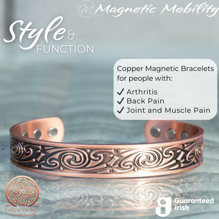 Front view of the Feverfew Copper bracelet from Magnetic Mobility. A copper bracelet with a Celtic design. Featuring 6 strong neodymium magnets. Perfect for people with arthritis and back pain. 99% pure copper.