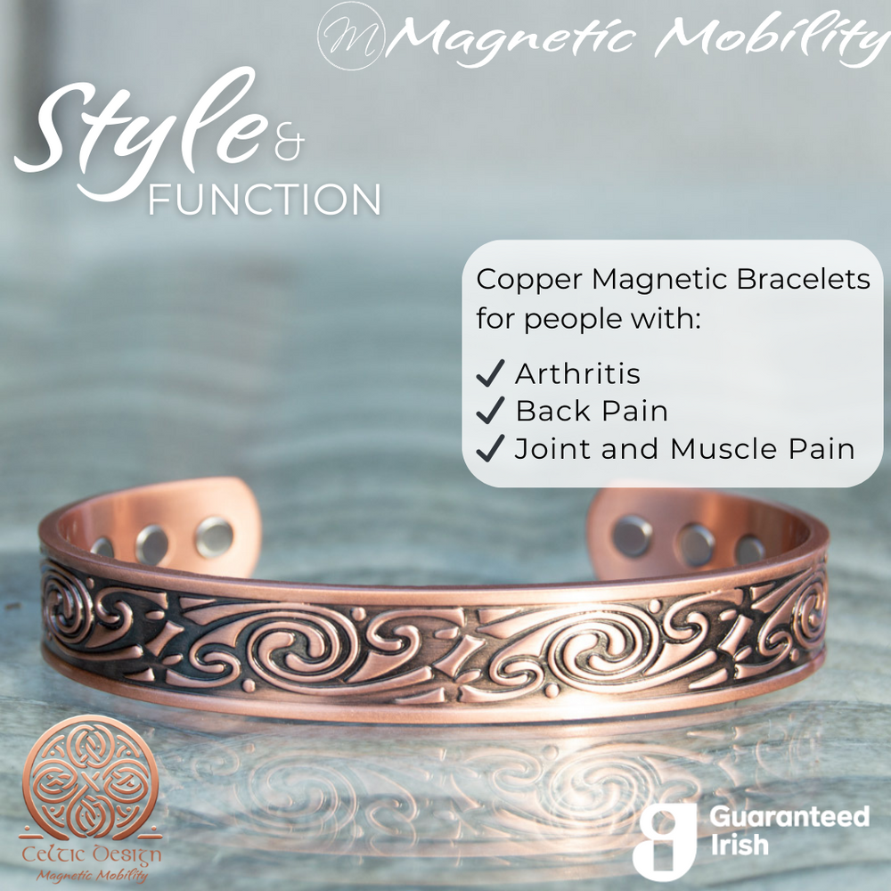 
                  
                    Load image into Gallery viewer, Front view of the Feverfew Copper bracelet from Magnetic Mobility. A copper bracelet with a Celtic design. Featuring 6 strong neodymium magnets. Perfect for people with arthritis and back pain. 99% pure copper.
                  
                