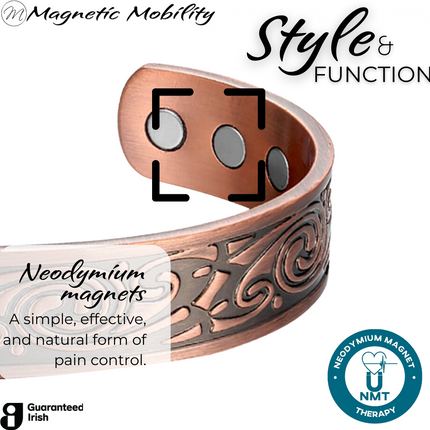 Close up view of the Feverfew Copper bracelet from Magnetic Mobility.Featuring 6 strong neodymium magnets. Perfect for people with arthritis and back pain. 99% pure copper