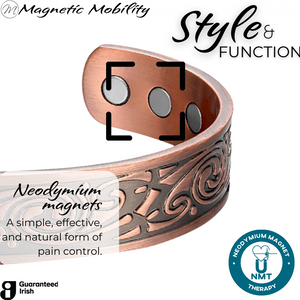 
                  
                    Load image into Gallery viewer, Close up view of the Feverfew Copper bracelet from Magnetic Mobility.Featuring 6 strong neodymium magnets. Perfect for people with arthritis and back pain. 99% pure copper
                  
                