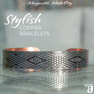 
                  
                    Load image into Gallery viewer, Silver Hawthorn Copper Magnetic Bracelet from Magnetic Mobility featuring 99.9% pure copper with an intricate design. The bracelet includes neodymium magnets for effective pain relief. Text on image: &amp;#39;99.9% pure copper&amp;#39; and &amp;#39;Neodymium magnet&amp;#39;
                  
                