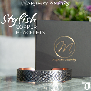 
                  
                    Load image into Gallery viewer, Stylish copper magnetic bracelet from Magnetic Mobility, featuring intricate geometric design and guaranteed Irish quality. The copper bracelet is presented in a Black Gift Box with the Magnetic Mobility Logo on the front.
                  
                