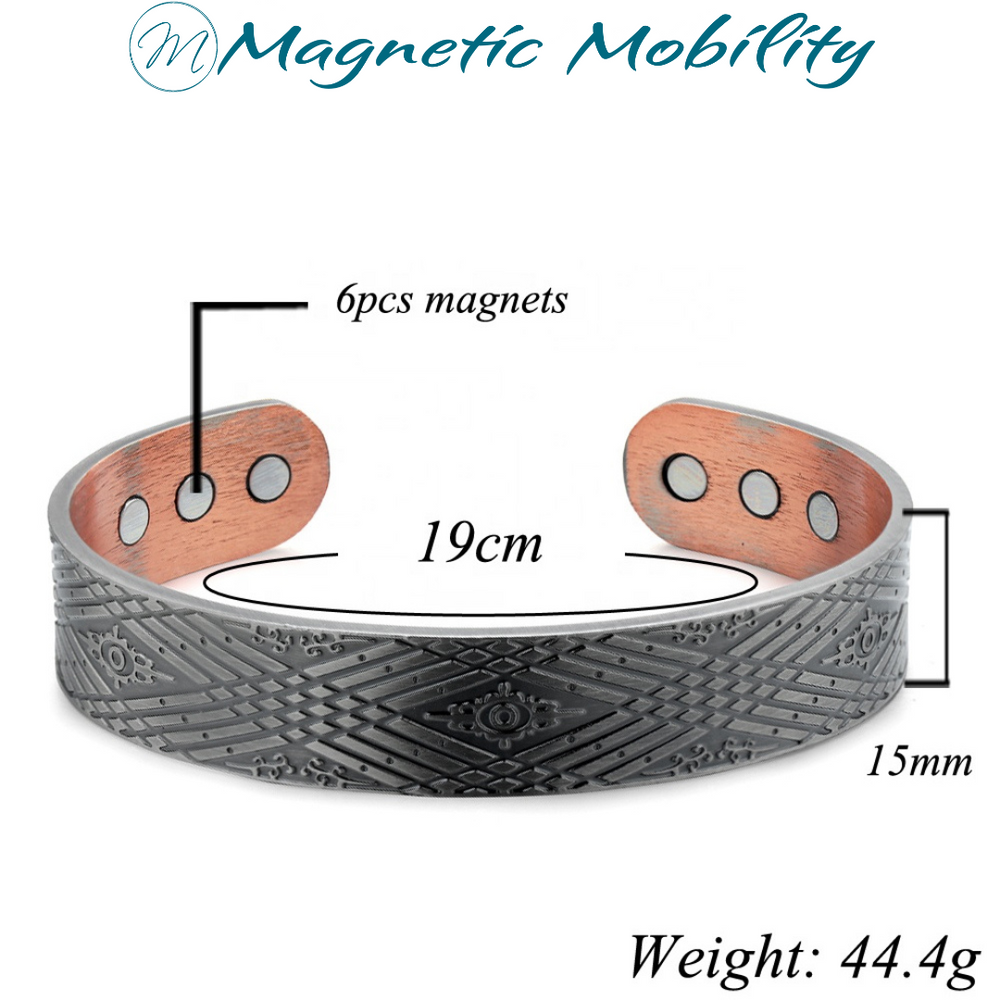 
                  
                    Load image into Gallery viewer, Silver Hawthorn Copper Magnetic Bracelet by Magnetic Mobility with 6 neodymium magnets, made of 99.9% pure copper. Bracelet dimensions: 19cm length, 15mm width, weight: 44.4g. Text on image: &amp;#39;6pcs magnets&amp;#39;, &amp;#39;19cm&amp;#39;, &amp;#39;15mm&amp;#39;, &amp;#39;Weight: 44.4g&amp;#39;, and &amp;#39;Magnetic Mobility&amp;#39;.
                  
                