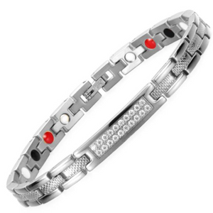 
                  
                    Load image into Gallery viewer, Front view of the Honesty Star 4in1 Magnetic Bracelet from Magnetic Mobility in silver finish. Features a central panel with sparkling crystals and includes Neodymium Magnets, FIR elements, Germanium, and Negative Ions for therapeutic benefits. The bracelet is shown in front of a green plant.
                  
                