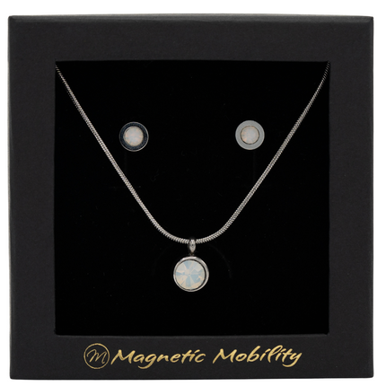 June Magnetic Mobility Birthstone Gift Set featuring a Magnetic Necklace and Stud Earrings featuring opal Swarovski crystals, elegantly presented in a black box with Magnetic Mobility branding. These magnetic back earrings offer stylish pain relief.