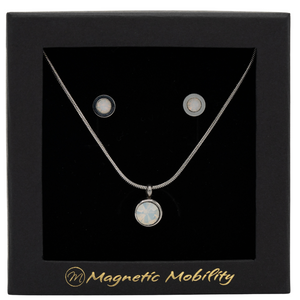 
                  
                    Load image into Gallery viewer, June Magnetic Mobility Birthstone Gift Set featuring a Magnetic Necklace and Stud Earrings featuring opal Swarovski crystals, elegantly presented in a black box with Magnetic Mobility branding. These magnetic back earrings offer stylish pain relief.
                  
                