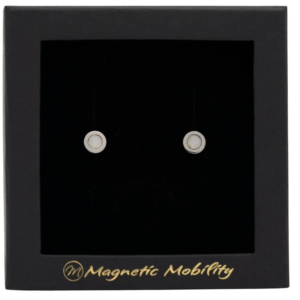 
                  
                    Load image into Gallery viewer, Magnetic Mobility June Birthstone Stud Earrings featuring opel Swarovski crystals, elegantly presented in a black box with Magnetic Mobility branding. These magnetic back earrings offer stylish pain relief.
                  
                