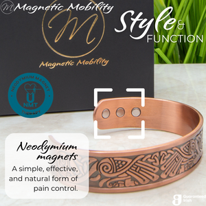 
                  
                    Load image into Gallery viewer, Close up view of the Kells Copper bracelet from Magnetic Mobility.Featuring 6 strong neodymium magnets. Perfect for people with arthritis and back pain. 99% pure copper
                  
                