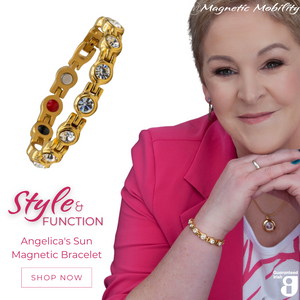 
                  
                    Load image into Gallery viewer, Angelica&amp;#39;s Sun 4in1 Magnetic Bracelet from Magnetic Mobility featuring Swarovski crystals on the front and 4in1 elements on the back. The image shows a woman wearing the gold bracelet, highlighting its style and function. Text on image: &amp;#39;Style &amp;amp; Function, Angelica&amp;#39;s Sun Magnetic Bracelet, Shop Now&amp;#39;. The bracelet includes neodymium magnets, FIR elements, germanium, and negative ions. Guaranteed Irish quality
                  
                