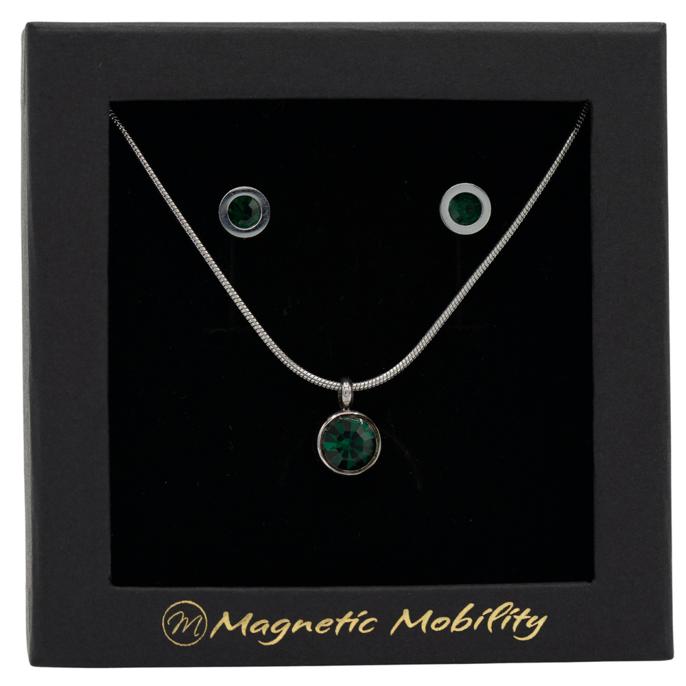 
                  
                    Load image into Gallery viewer, May Magnetic Mobility Birthstone Gift Set featuring a Magnetic Necklace and Stud Earrings featuring emerald green Swarovski crystals, elegantly presented in a black box with Magnetic Mobility branding. These magnetic back earrings offer stylish pain relief.
                  
                