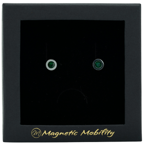 
                  
                    Load image into Gallery viewer, Magnetic Mobility May Birthstone Stud Earrings featuring emerald green Swarovski crystals, elegantly presented in a black box with Magnetic Mobility branding. These magnetic back earrings offer stylish pain relief.
                  
                