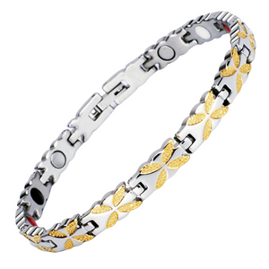 
                  
                    Load image into Gallery viewer, Meadowsweet Moon 4in1 magnetic bracelet by Magnetic Mobility, promoting arthritis, back pain, fibromyalgia relief with a delicate silver and gold butterfly design. The bracelet features 4in1 health elements
                  
                