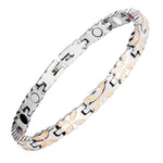 Meadowsweet Dusk 4in1 magnetic bracelet by Magnetic Mobility, promoting arthritis, back pain, fibromyalgia relief with a delicate silver and rose gold butterfly design. The bracelet features 4in1 health elements