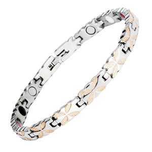 
                  
                    Load image into Gallery viewer, Meadowsweet Dusk 4in1 magnetic bracelet by Magnetic Mobility, promoting arthritis, back pain, fibromyalgia relief with a delicate silver and rose gold butterfly design. The bracelet features 4in1 health elements
                  
                