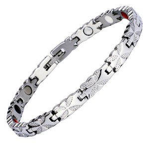 
                  
                    Load image into Gallery viewer, Meadowsweet Star 4in1 magnetic bracelet by Magnetic Mobility, promoting arthritis, back pain, fibromyalgia relief with a simple black design. The bracelet features 4in1 health elements. A silver coloured stainless steel magnetic bracelet with a delicate butterfly design
                  
                