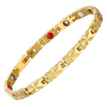 Meadowsweet Sun 4in1 Magnetic Bracelet in gold with intricate design, promoting style and function. Perfect for pain relief