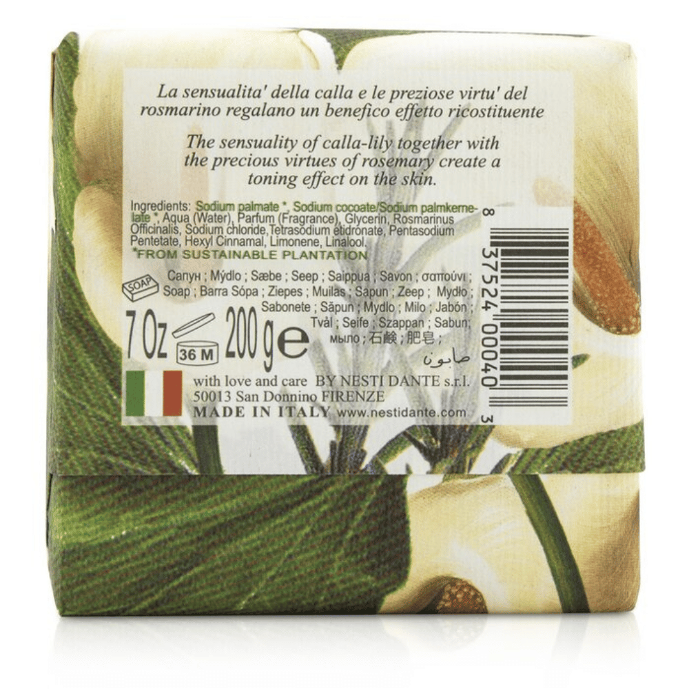 
                  
                    Load image into Gallery viewer, Nesti Dante Gli Officinali  Calla Lilly &amp;amp; Rosemary Soap 200g Back
                  
                